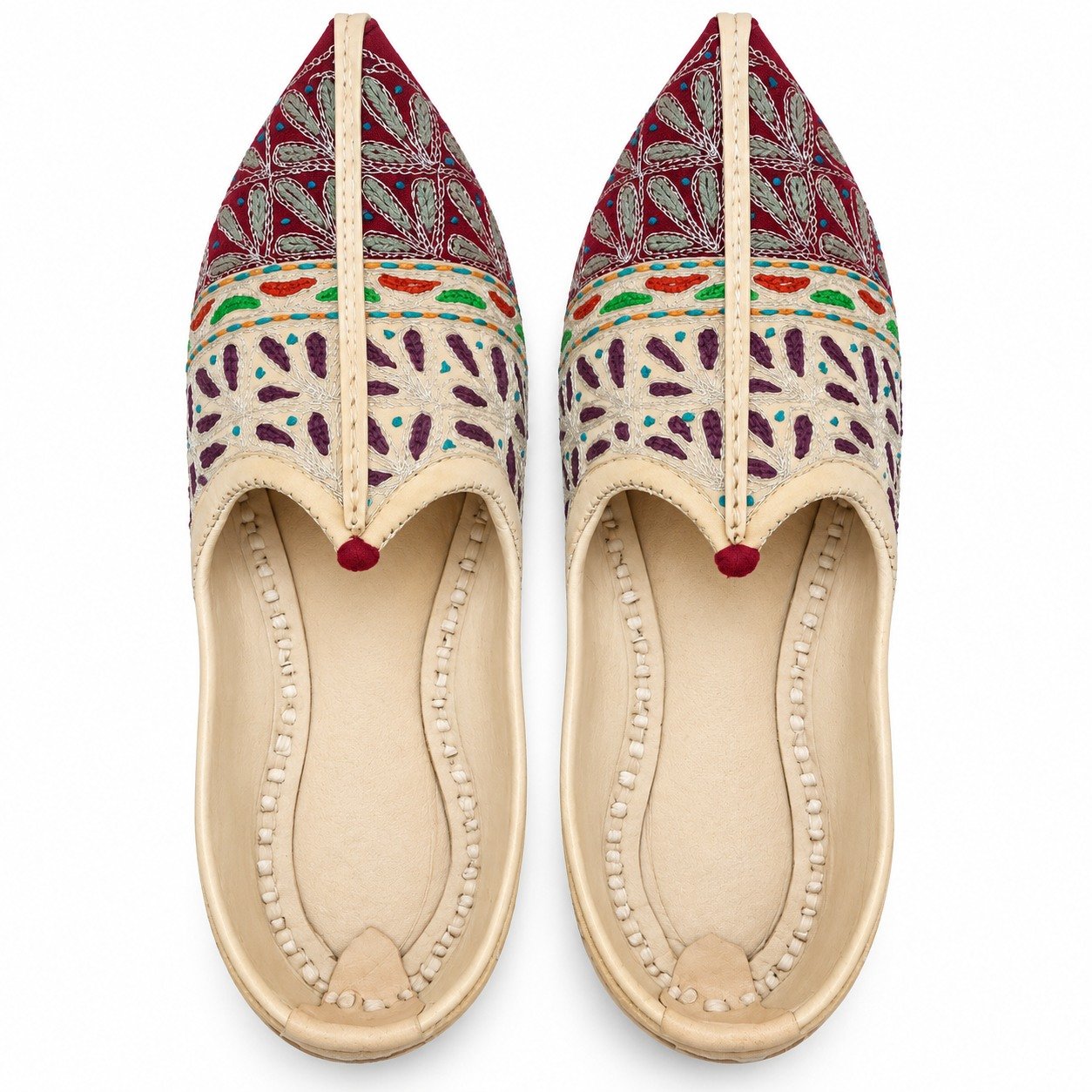 MyMarwar beige, burgundy and multicolour mojari for men with diamond and leaf embroidery, pair viewed from above