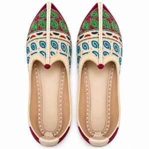 MyMarwar beige, burgundy, green and teal mojari for men with paisley and spiral embroidery, pair viewed from above