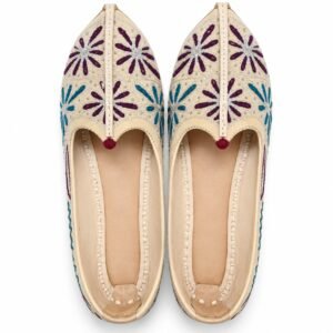 MyMarwar beige, plum and teal mojari for men with large flower embroidery, pair viewed from above