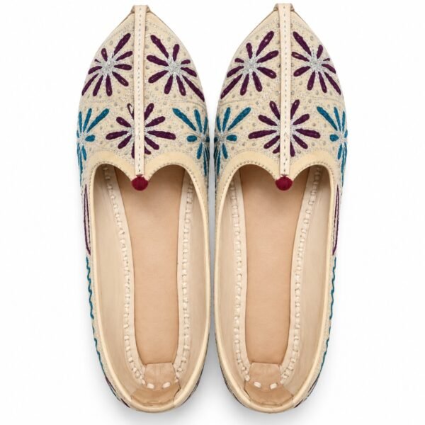 MyMarwar beige, plum and teal mojari for men with large flower embroidery, pair viewed from above