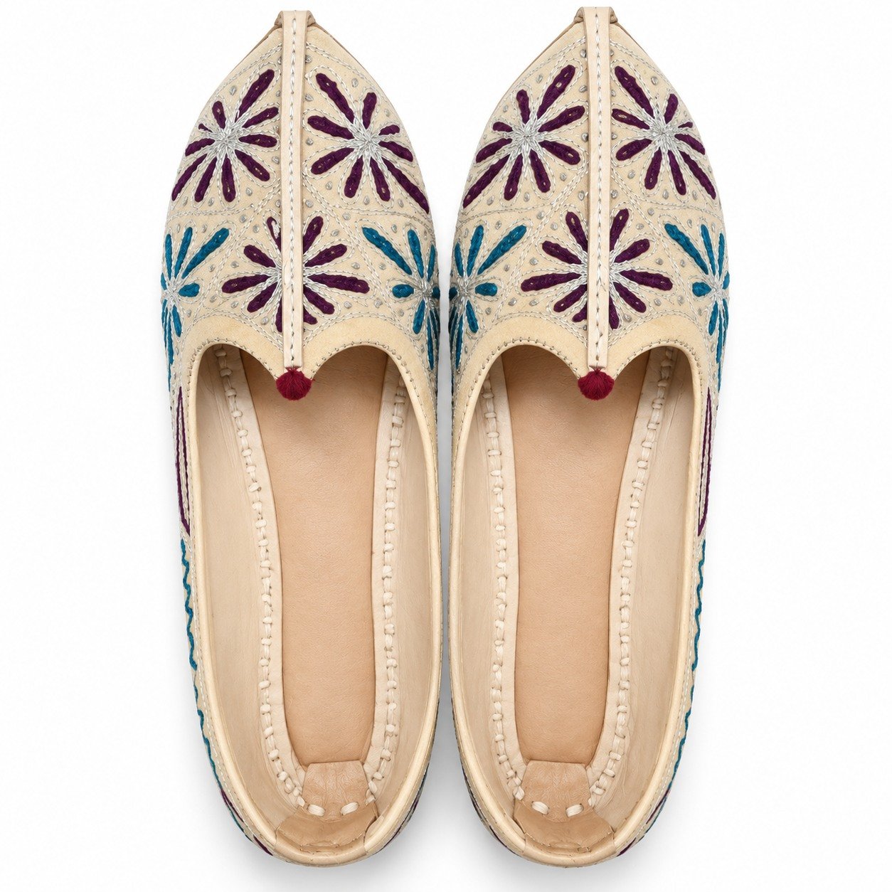 MyMarwar beige, plum and teal mojari for men with large flower embroidery, pair viewed from above