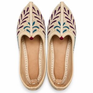 MyMarwar beige, plum and teal mojari for men with elongated leaf embroidery, pair viewed from above