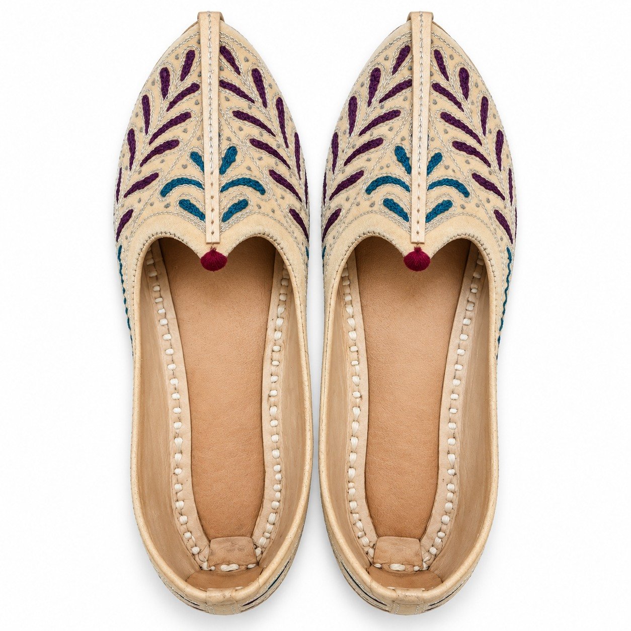 MyMarwar beige, plum and teal mojari for men with elongated leaf embroidery, pair viewed from above