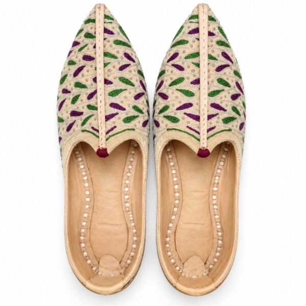 MyMarwar beige, purple and green mojari for men with purple and green leaf embroidery, pair viewed from above