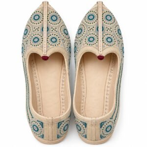 MyMarwar beige, teal and silver tones mojari for men with ring and dot embroidery, pair viewed from above