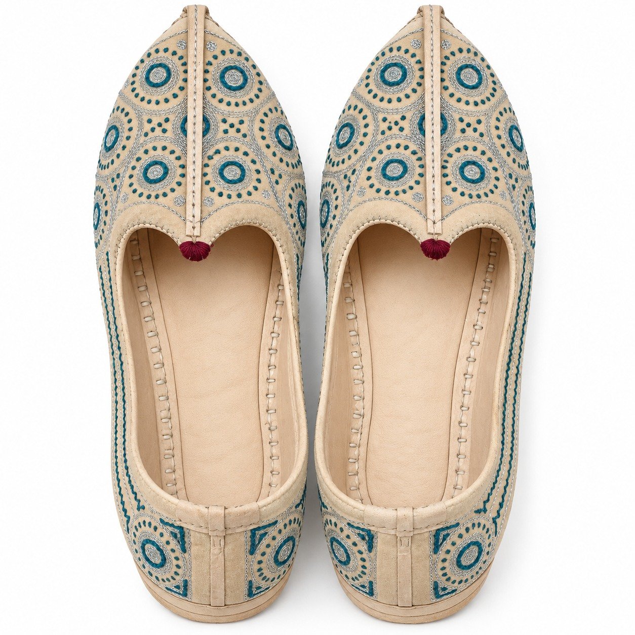 MyMarwar beige, teal and silver tones mojari for men with ring and dot embroidery, pair viewed from above