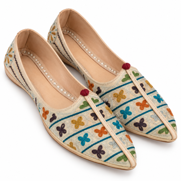 MyMarwar Multicolour Cross Embroidered Jutti for Men, beige / teal / orange / purple, pair product view