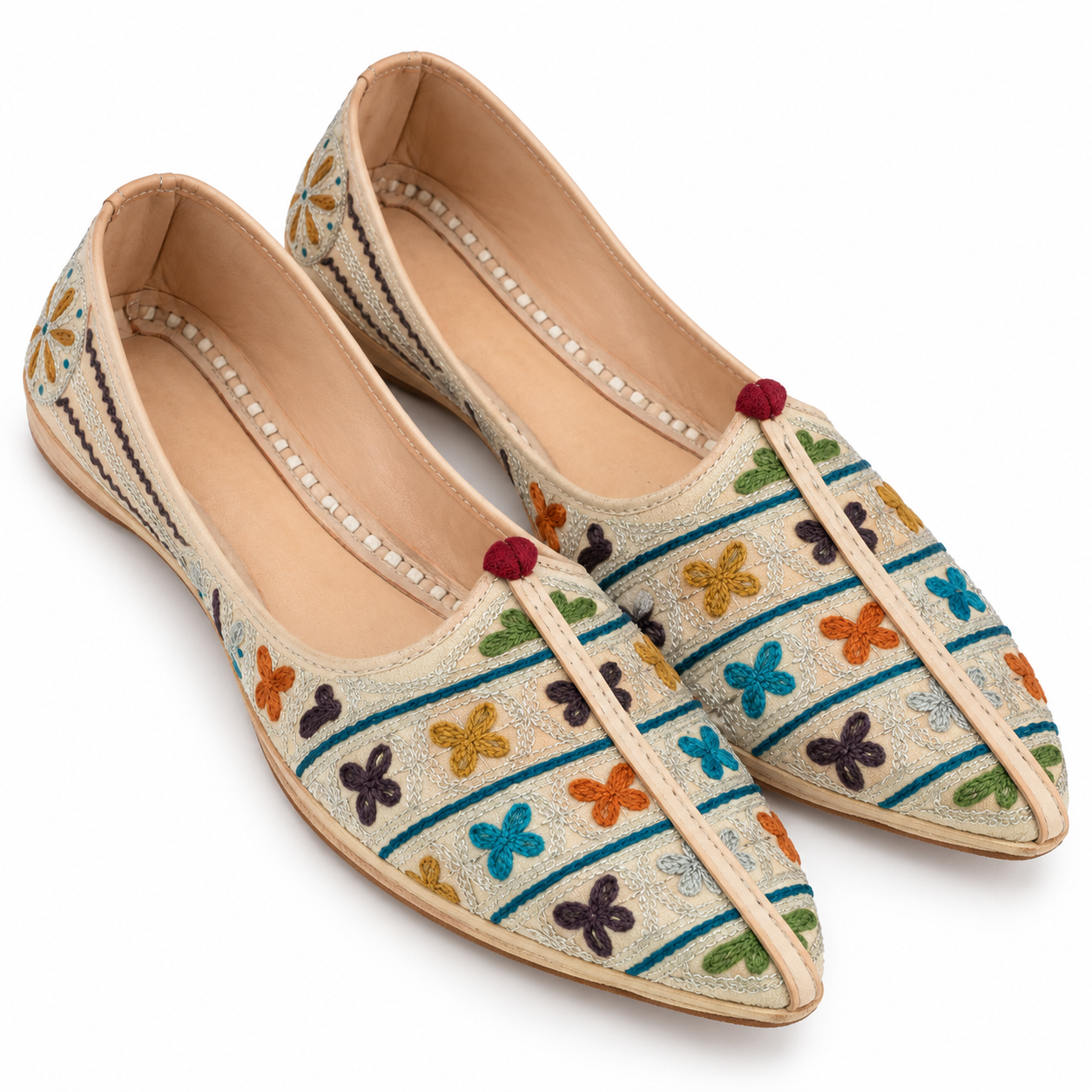 MyMarwar Multicolour Cross Embroidered Jutti for Men, beige / teal / orange / purple, pair product view