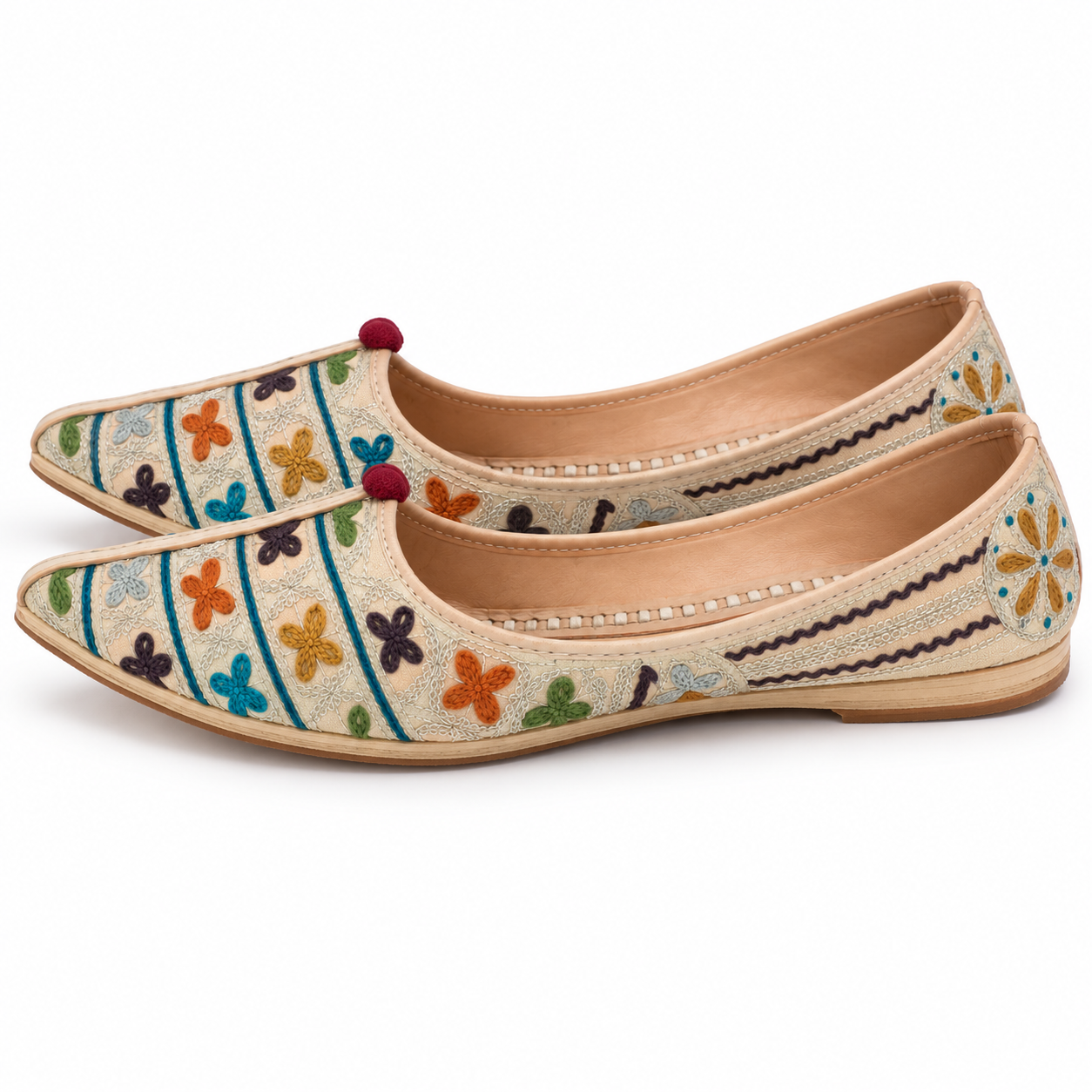 MyMarwar Multicolour Cross Embroidered Jutti for Men, beige / teal / orange / purple, product view 2