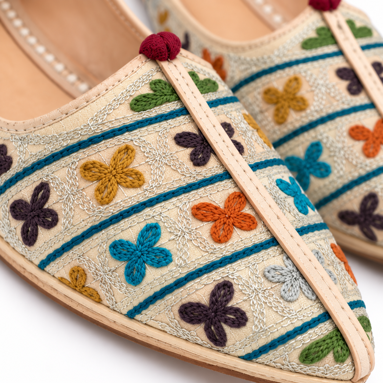 MyMarwar Multicolour Cross Embroidered Jutti for Men, beige / teal / orange / purple, product view 3