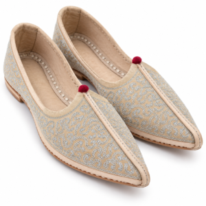 MyMarwar Silver Vine Embroidered Groom Mojari for Men, beige / silver, pair product view