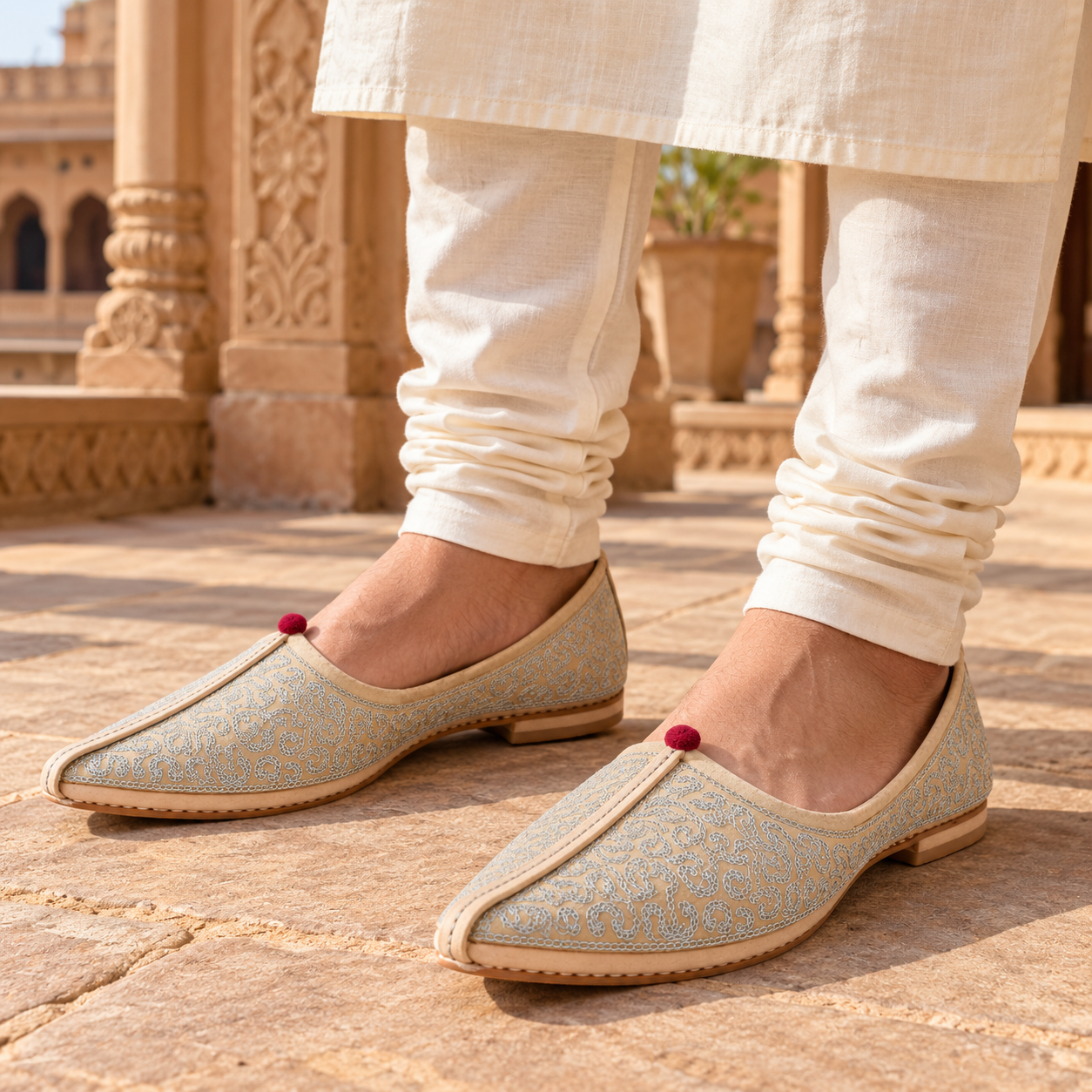 MyMarwar Silver Vine Embroidered Groom Mojari for Men, beige / silver, product view 4