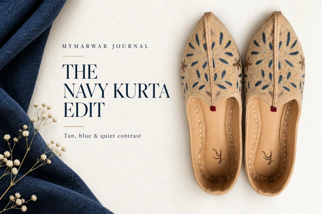 Shoes for Navy Blue Kurta: Tan, Blue Embroidery and Evening Contrast