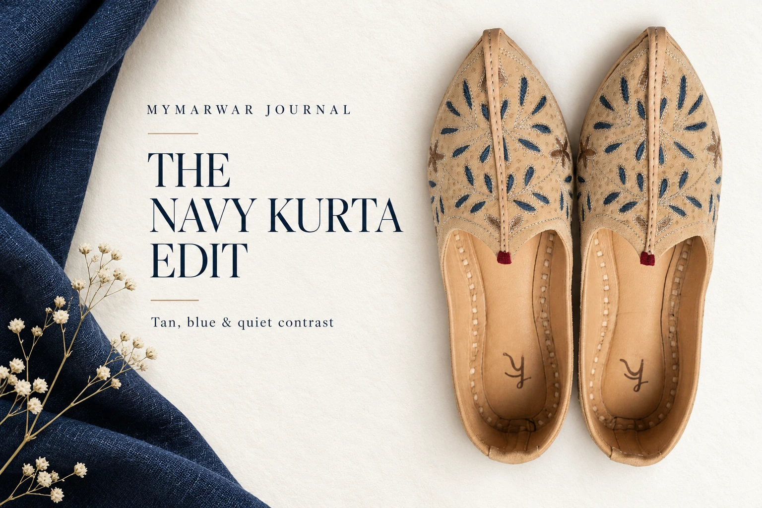 Tan mojari with blue floral embroidery beside navy fabric in a MyMarwar editorial cover