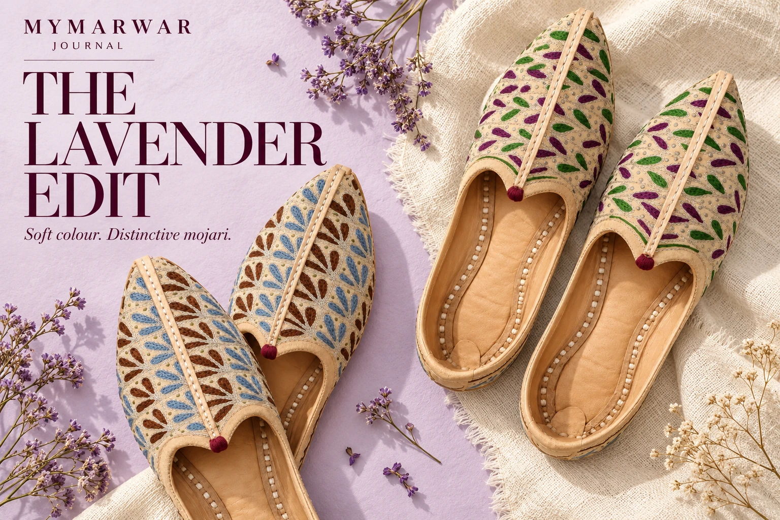 Two tan embroidered mojari pairs arranged on lavender and ivory fabric