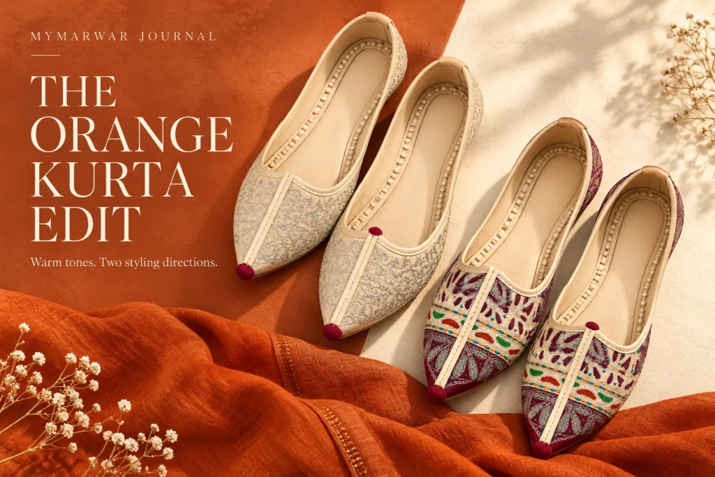 Shoes for Orange Kurta: Cream Scrollwork or Multicolour Mojari
