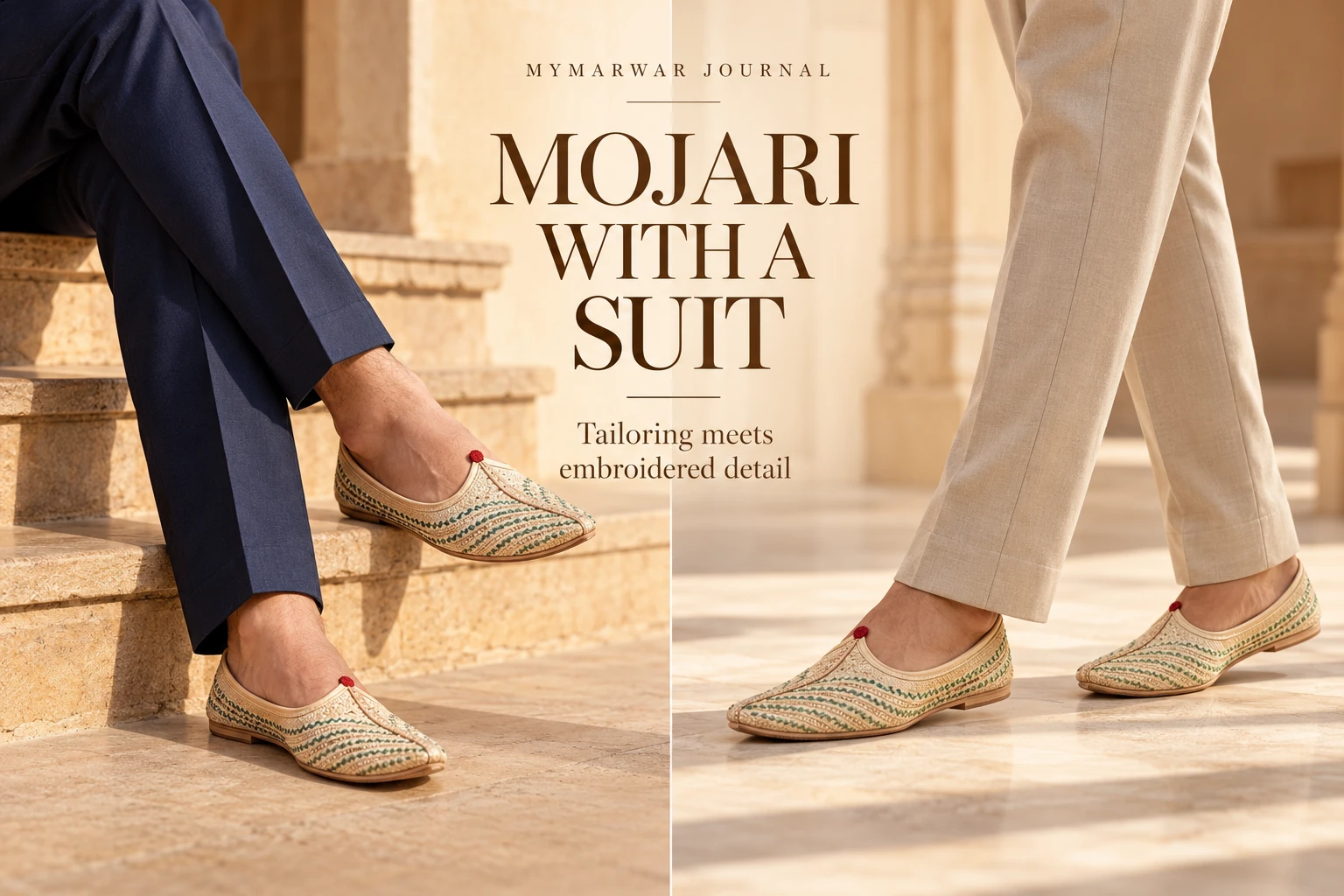 Light embroidered mojari styled with navy and stone tailored trousers