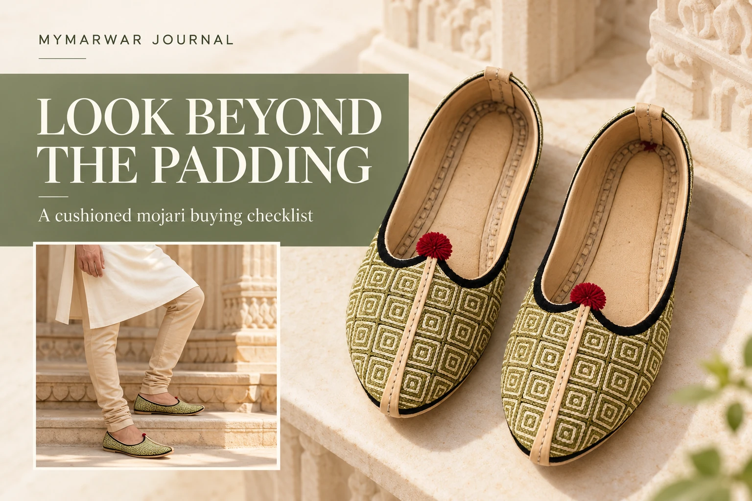 Olive geometric mojari shown for a construction buying checklist