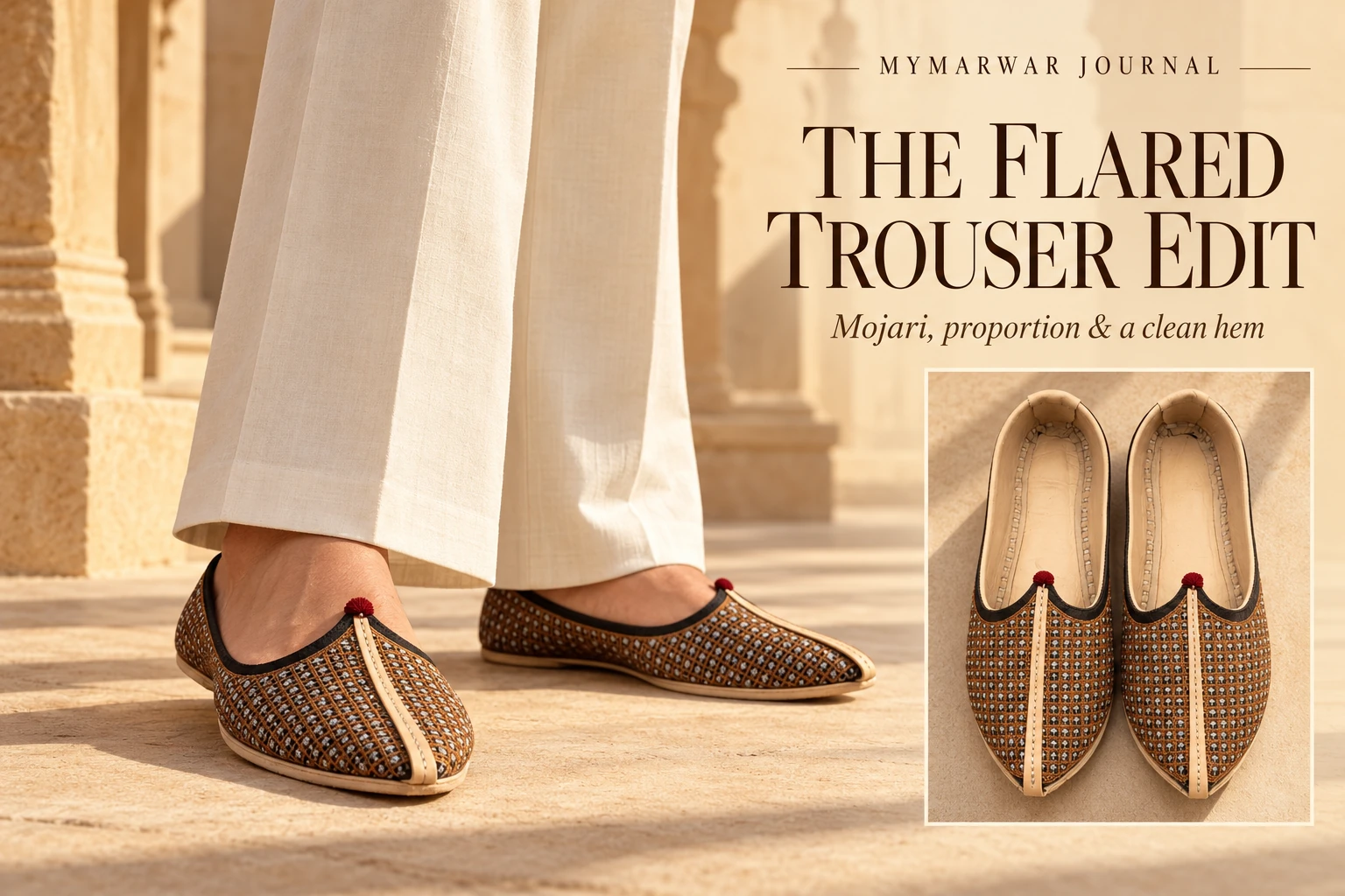 Copper grid mojari with ivory flared trouser hems
