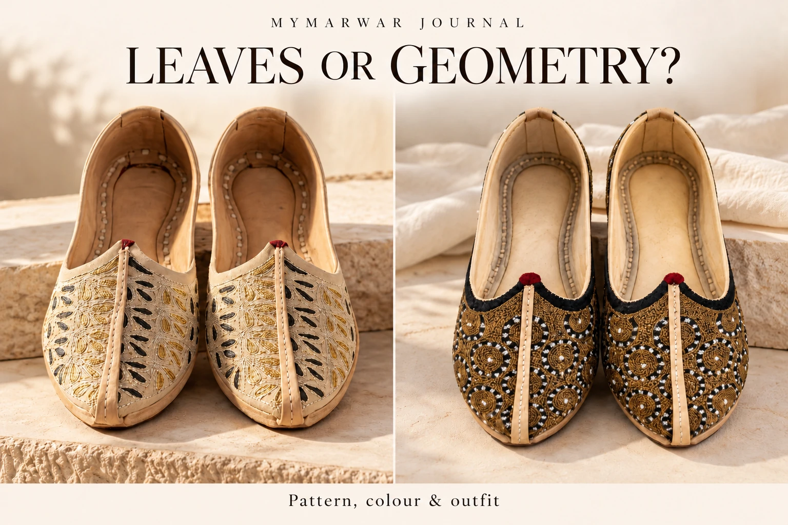 Light leaf-embroidered mojari and darker circular geometric mojari in a split editorial cover