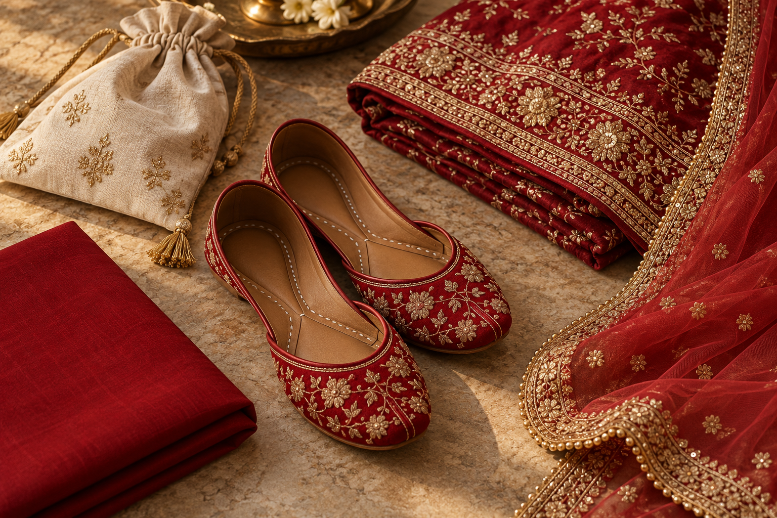 Red and gold bridal jutti beside lehenga fabric — styling illustration