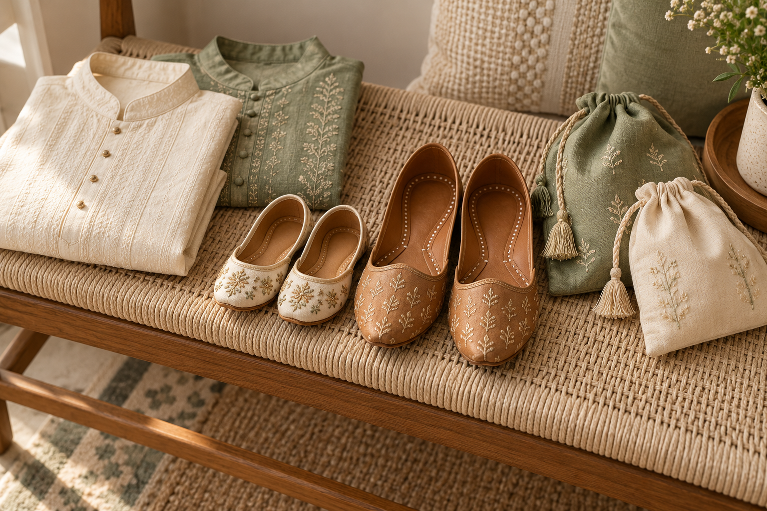 Adult and child festive footwear beside cream and sage clothing — styling illustration